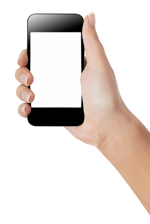 Hand with smart phone white screen isolated on white background with clipping pathの写真素材