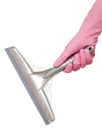 Hand in gloves with rubber window cleaner. Isolated on a white backgropund.の写真素材