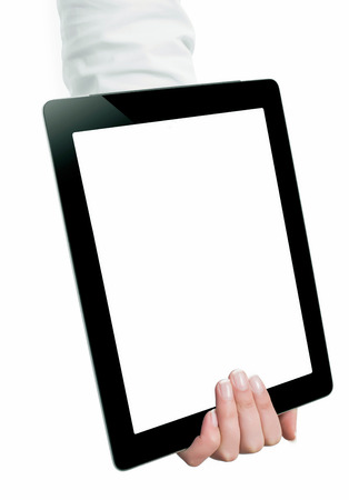 Hand holding a tablet computer with white screen. Woman hands showing empty screen of modern digital tablet. Hand holding tablet pc isolated on white background with blank screen.の写真素材