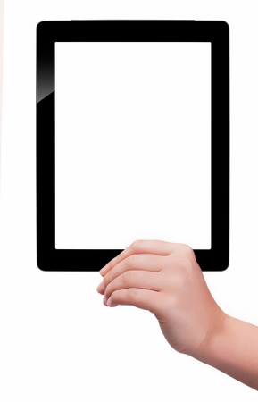 Hand holding a tablet computer with white screen. Woman hands showing empty screen of modern digital tablet. Hand holding tablet pc isolated on white background with blank screen.の写真素材