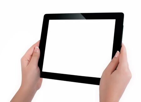 Hand holding a tablet computer with white screen. Woman hands showing empty screen of modern digital tablet. Hand holding tablet pc isolated on white background with blank screen.の写真素材