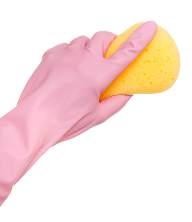 Hand in rubber glove with sponge isolated on white background.の写真素材