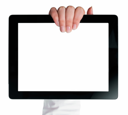 Hand holding a tablet computer with white screen. Woman hands showing empty screen of modern digital tablet. Hand holding tablet pc isolated on white background with blank screen.の写真素材