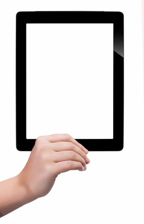 Hand holding a tablet computer with white screen. Woman hands showing empty screen of modern digital tablet. Hand holding tablet pc isolated on white background with blank screen.の写真素材
