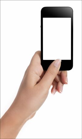 Hand with smart phone white screen isolated on white background with clipping pathの写真素材