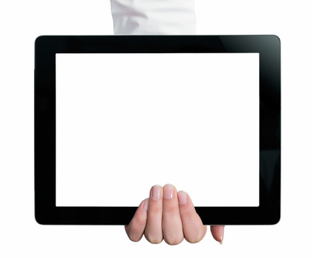 Hand holding a tablet computer with white screen. Woman hands showing empty screen of modern digital tablet. Hand holding tablet pc isolated on white background with blank screen.の写真素材
