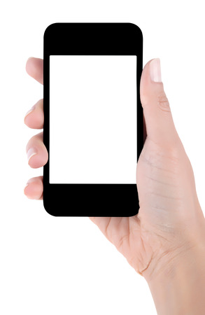 Hand with smart phone white screen isolated on white background with clipping pathの写真素材