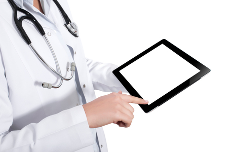 Hand holding a tablet computer with white screen. Woman hands showing empty screen of modern digital tablet. Hand holding tablet pc isolated on white background with blank screen.の写真素材