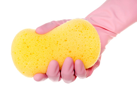 Hand in rubber glove with sponge isolated on white background.の写真素材