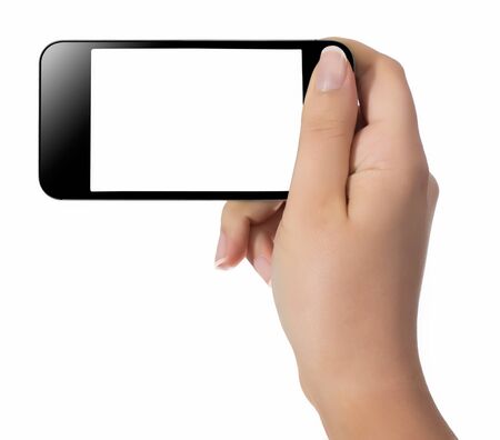 Hand with smart phone white screen isolated on white background with clipping pathの写真素材