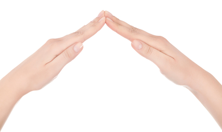 Close-up of beautiful woman's hand, palm up. Isolated on white backgroundの写真素材
