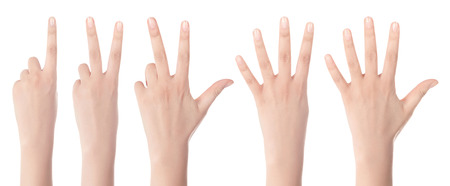 Close-up of beautiful woman's hand, palm up. Isolated on white backgroundの写真素材