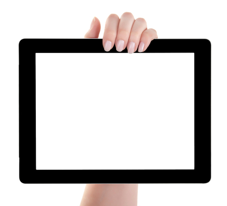 Hand holding a tablet computer with white screen. Woman hands showing empty screen of modern digital tablet. Hand holding tablet pc isolated on white background with blank screen.の写真素材