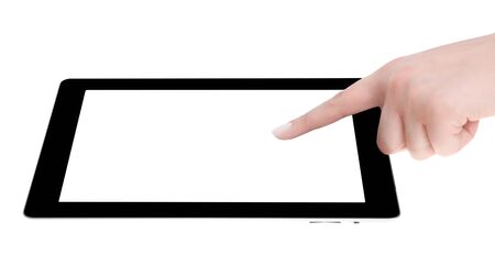 Hand holding a tablet computer with white screen. Woman hands showing empty screen of modern digital tablet. Hand holding tablet pc isolated on white background with blank screen.の写真素材