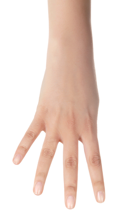 Close-up of beautiful woman's hand, palm up. Isolated on white backgroundの写真素材