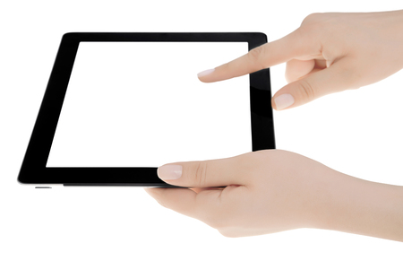 Hand holding a tablet computer with white screen. Woman hands showing empty screen of modern digital tablet. Hand holding tablet pc isolated on white background with blank screen.の写真素材