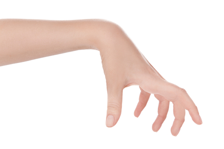 Stretched hand of woman isolated over white background. Open palm hand gesture of woman hand. Close up of open palm isolated over white background.の写真素材