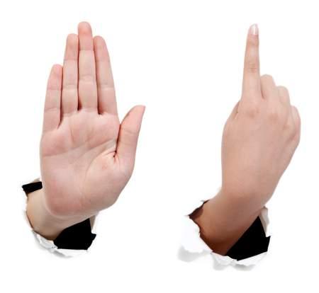 Close-up of beautiful woman's hand, palm up. Isolated on white backgroundの写真素材
