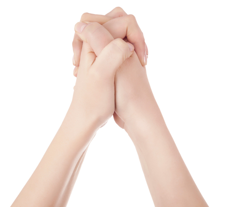 Close-up of beautiful woman's hand, palm up. Isolated on white backgroundの写真素材