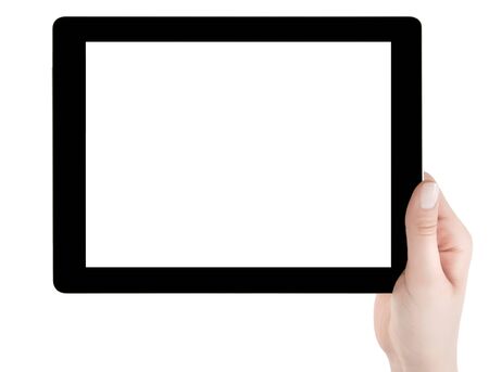 Hand holding a tablet computer with white screen. Woman hands showing empty screen of modern digital tablet. Hand holding tablet pc isolated on white background with blank screen.の写真素材