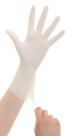 Doctor show hands with sterile gloves isolated on white. Medical advertising concept.の写真素材