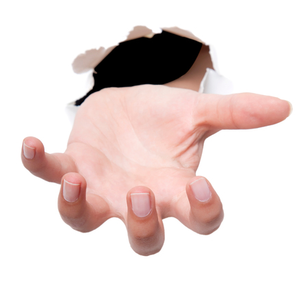 Close-up of beautiful woman's hand, palm up. Isolated on white backgroundの写真素材