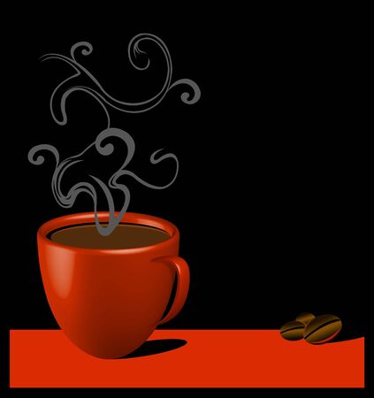 red mug with coffee over black background and coffee beansの写真素材