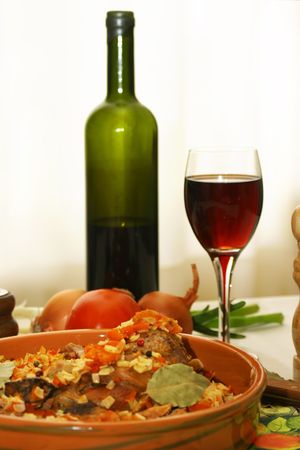 delicious meal with rooster and noodles.Greek recipeの写真素材