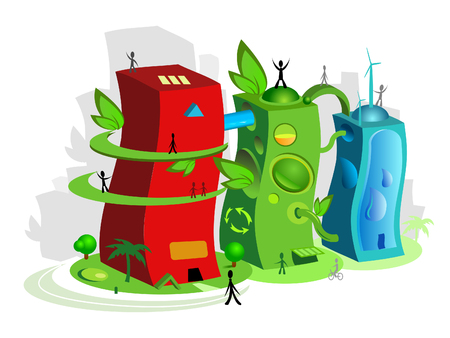 illustration of an ecological friendly town with happy peoples walking around.のイラスト素材
