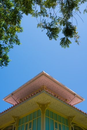 house wooden lath roof with clear blue skyの写真素材