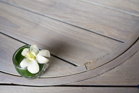 white flower decorate on the brown wooden table space frame compositionの写真素材