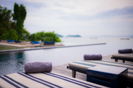 sun bed swimming pool outdoor ,selective focusの写真素材