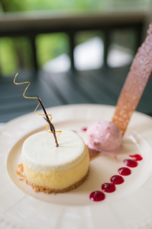 Cheese cake with strawberry ice cream dessertの写真素材
