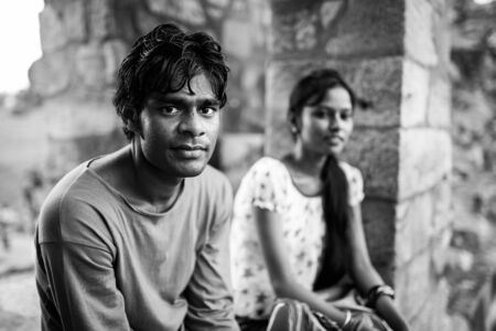 NEW DELHI - AUGUST 11   Unidentified man traveling in area of Qutub Minar,2013 in New Delhi, India のeditorial素材