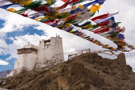 Namgyal Tsemo Gompa with prayer flagの写真素材