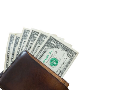 one dollar bills in a wallet, isolated on white background
