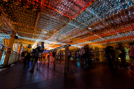 BANGKOK - DECEMBER 18 : Orange light tunnel by Krungsri Bank on BTS Skywalk on December 18 2014 in...