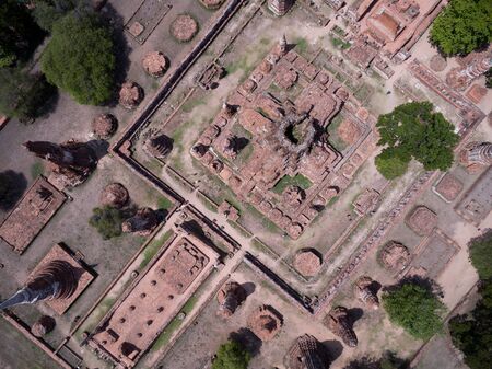 AYUDHAYA - THAILAND, June 13 : Aerial view top down of ancient temple Wat Mahathat UNESCO heritage site in Ayudhaya, Thailand, June 13,2015のeditorial素材