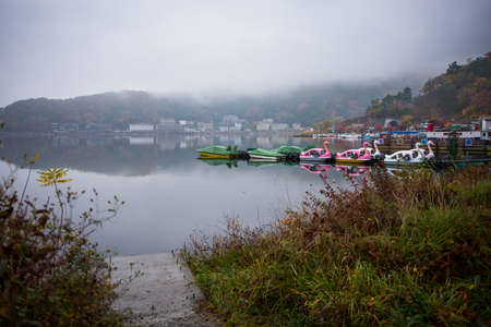 Swan boats in Kawaguchiko lake out of service in raining day
