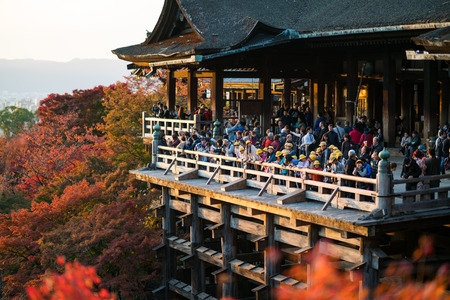 Tourists travel sight seeing at Kiyomizu Dera temple evening in Kyoto, Japanのeditorial素材