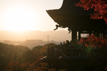 Tourists travel sight seeing at Kiyomizu Dera temple evening in Kyoto, Japanのeditorial素材