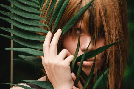 Close-up of girl's eyes and hands with fingers in gold in fern branchesの写真素材