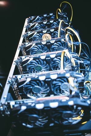 Big IT machine with fans. Cryptocurrency business. Bitcoin mining farmの写真素材