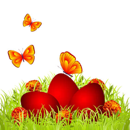 Three red Easter eggs in the grass with flowers and butterfliesのイラスト素材