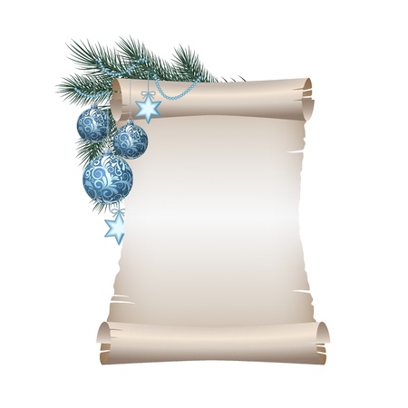 Old blank scroll paper with blue christmas balls on green spruce branch. illustration on white backgroundのイラスト素材