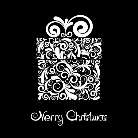 Christmas card - gift box with scroll ornament  Black and white vector Illustrationのイラスト素材
