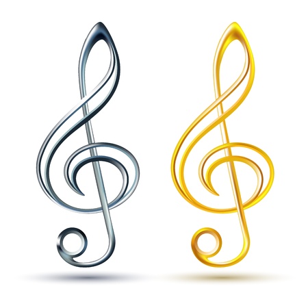 Gold and silver treble clef on white background, illustrationのイラスト素材