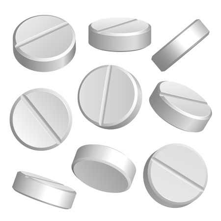 Set of white medical pills in different positions isolated on white . Vector illustrationのイラスト素材