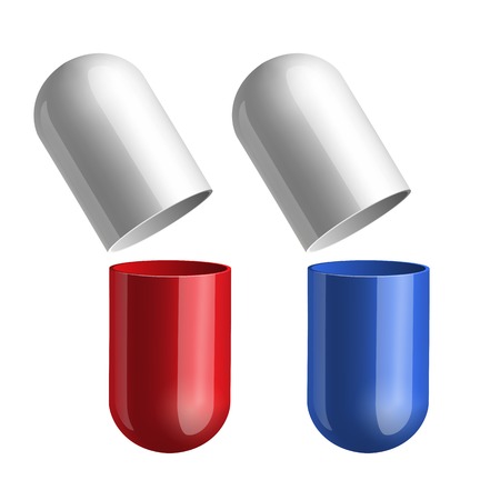 Blue and red pills opened in two halfs   Vector illustrationのイラスト素材