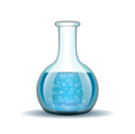 Chemical laboratory transparent flask with blue liquid isolated on whiteのイラスト素材